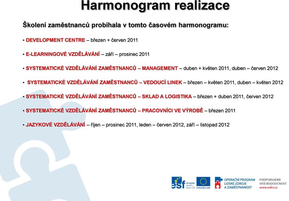 ZAMĚSTNANCŮ VEDOUCÍ LINEK březen květen 2011, duben květen 2012 SYSTEMATICKÉ VZDĚLÁVÁNÍ ZAMĚSTNANCŮ SKLAD A LOGISTIKA březen + duben 2011,