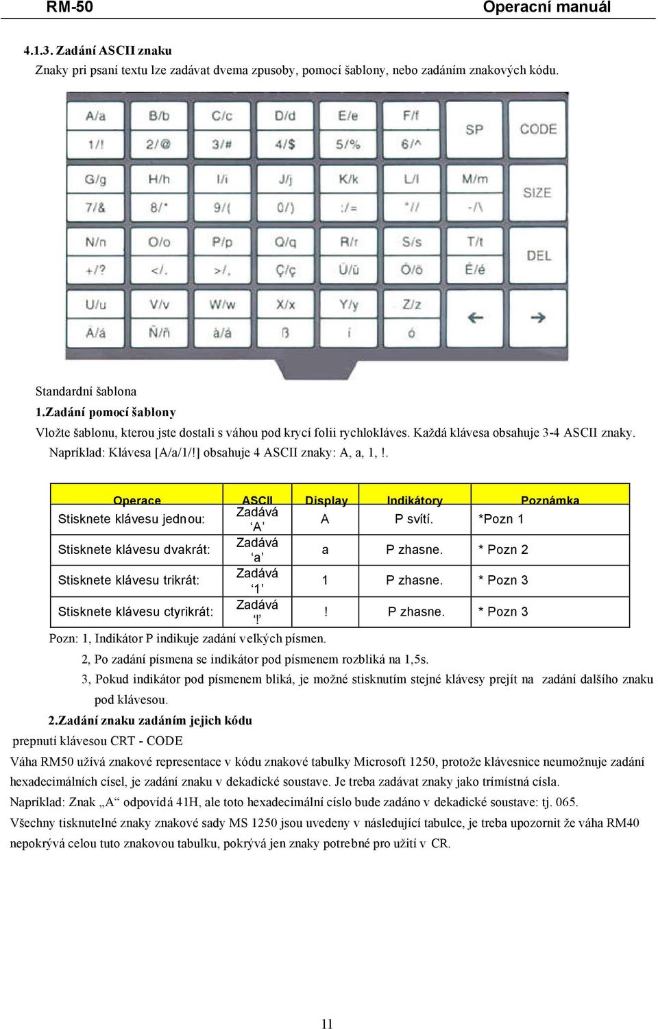 . ASCII Display Indikátory Zadává Stisknete klávesu jednou: A P svítí. *Pozn 1 A Stisknete klávesu dvakrát: Zadává a a P zhasne. * Pozn 2 Stisknete klávesu trikrát: Zadává 1 1 P zhasne.