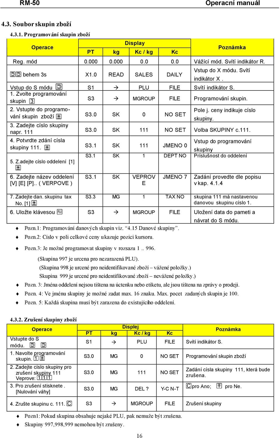 0 SK 0 NO SET skupiny. 3. Zadejte císlo skupiny napr. 111 S3.0 SK 111 NO SET Volba SKUPINY c.111. 4. Potvrdte zdání císla skupiny 111. A S3.1 SK 111 JMENO 0 5. Z.adejte císlo oddelení [1] A 6.