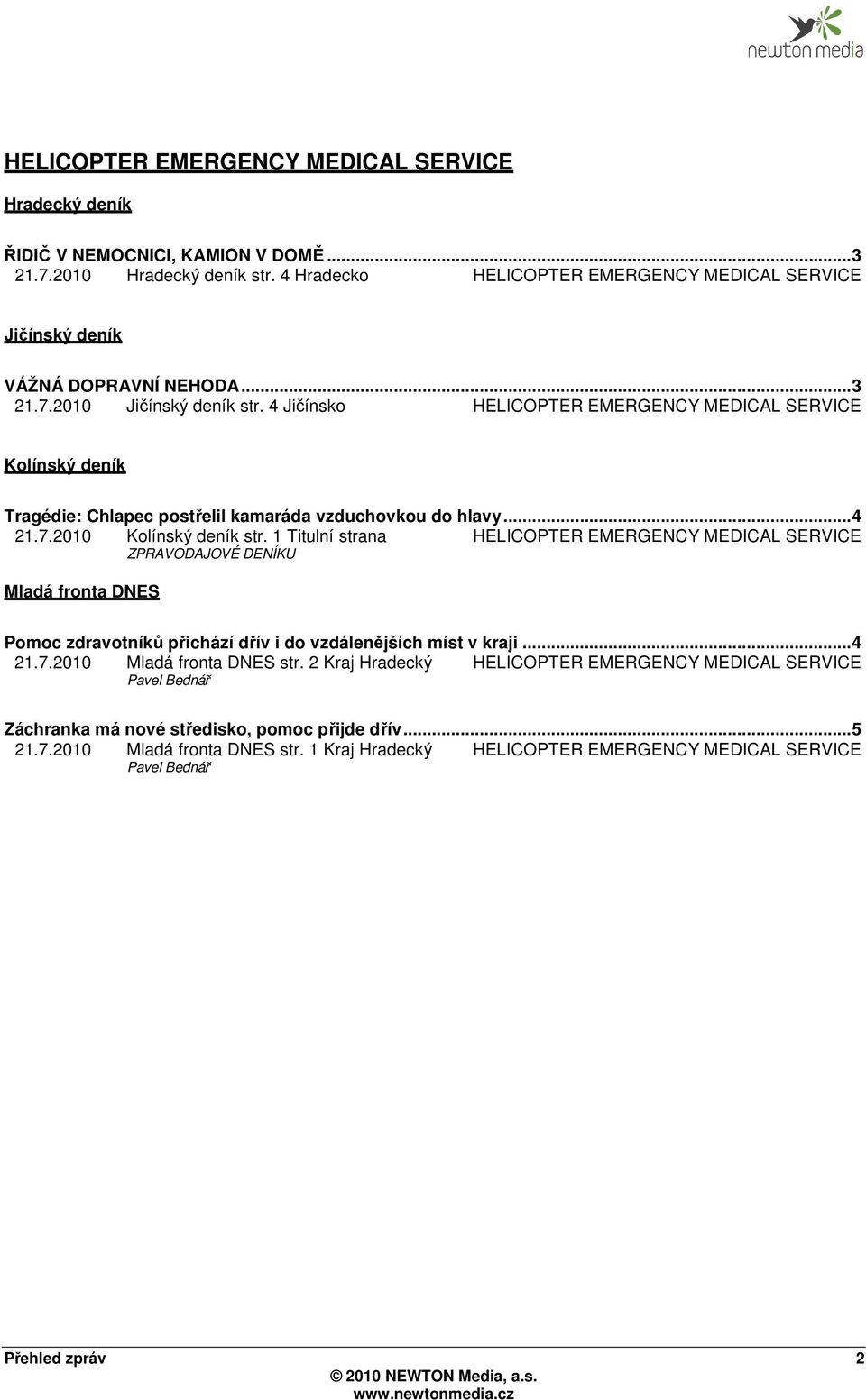 4 Jičínsko HELICOPTER EMERGENCY MEDICAL SERVICE Kolínský deník Tragédie: Chlapec postřelil kamaráda vzduchovkou do hlavy... 4 21.7.2010 Kolínský deník str.
