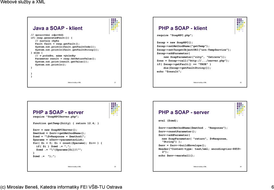 php"; $soap = new SoapRPC(); $soap->setmethodname("gettemp"); $soap->settargetobjecturi("urn:tempservice"); $soap->addparameter( new SoapParameter("city", "Ostrava")); $res = $soap->call("http://.