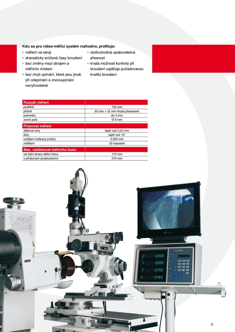 broušení Rozsah měření podélně příčně poloměry zorné pole 150 mm 65 mm + 32 mm hrubé přestavení do 3 mm Ø 6 mm Přesnost měření délkové míry lepší než 0,02 mm úhly