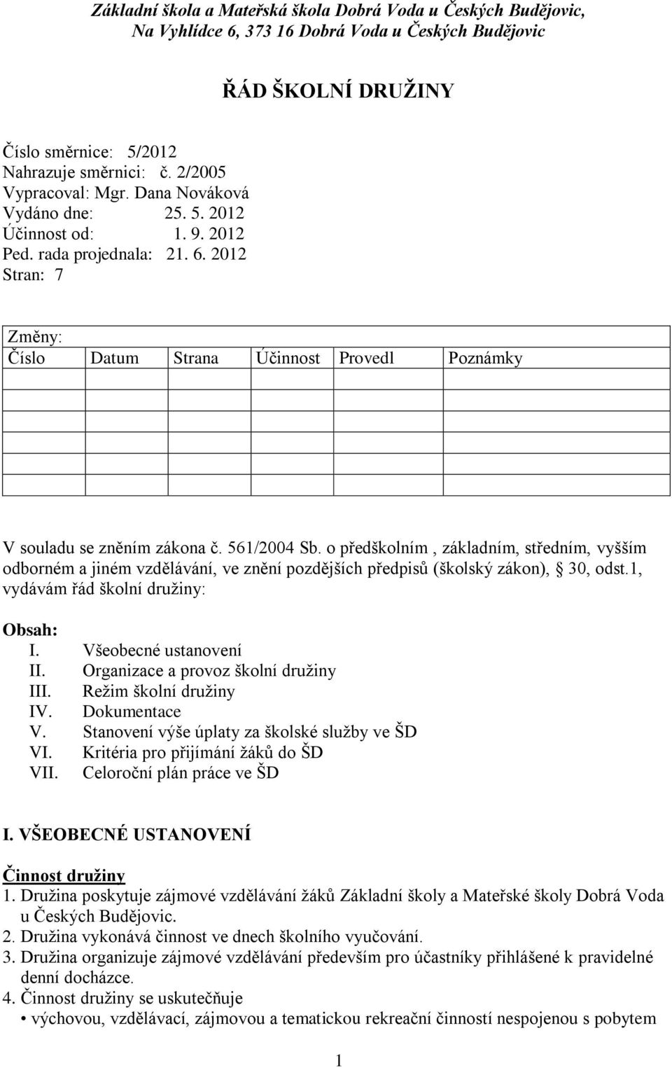 2012 Stran: 7 Změny: Číslo Datum Strana Účinnost Provedl Poznámky V souladu se zněním zákona č. 561/2004 Sb.