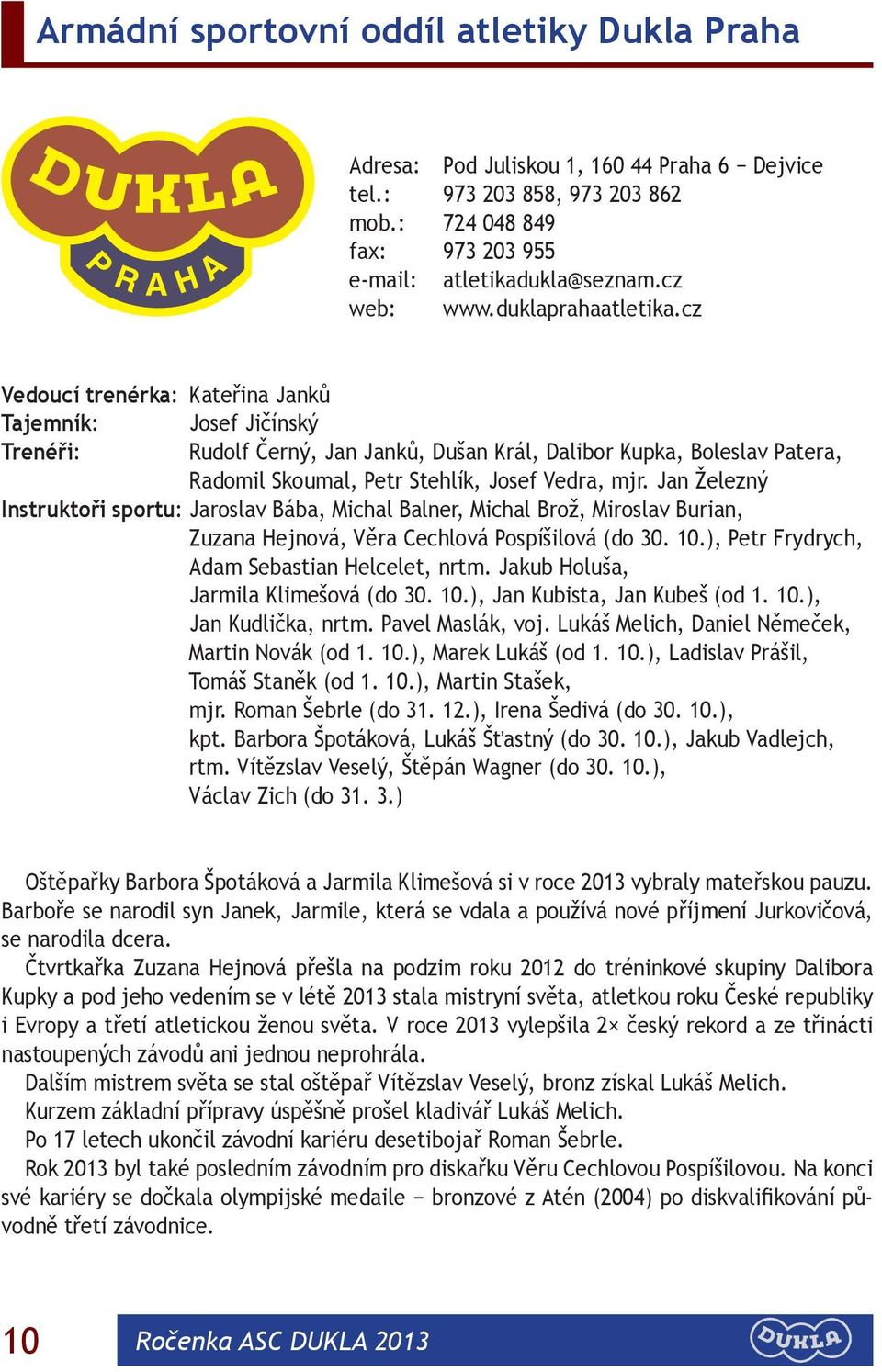 cz Vedoucí trenérka: Kateřina Janků Tajemník: Josef Jičínský Trenéři: Rudolf Černý, Jan Janků, Dušan Král, Dalibor Kupka, Boleslav Patera, Radomil Skoumal, Petr Stehlík, Josef Vedra, mjr.