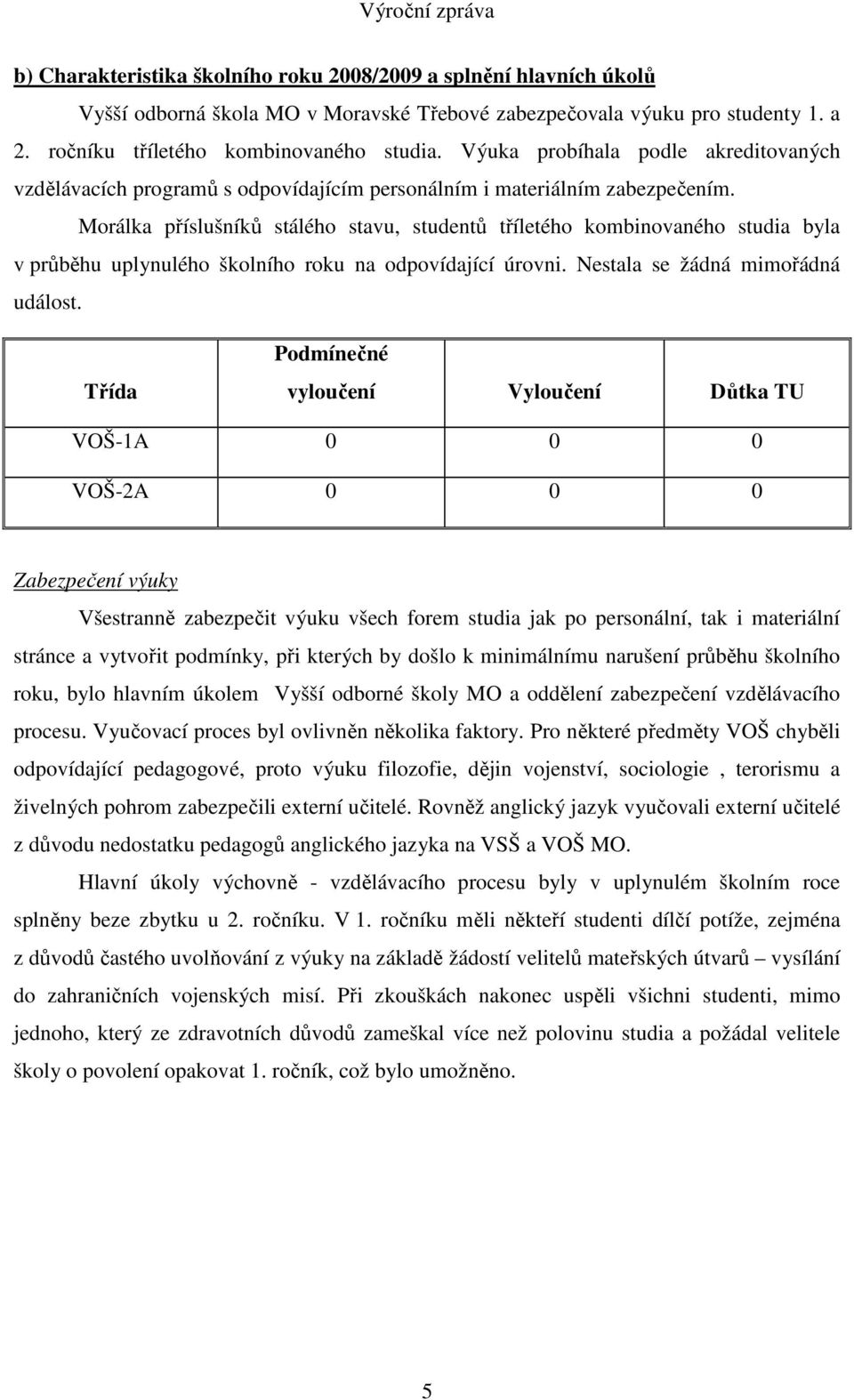 Morálka příslušníků stálého stavu, studentů tříletého kombinovaného studia byla v průběhu uplynulého školního roku na odpovídající úrovni. Nestala se žádná mimořádná událost.