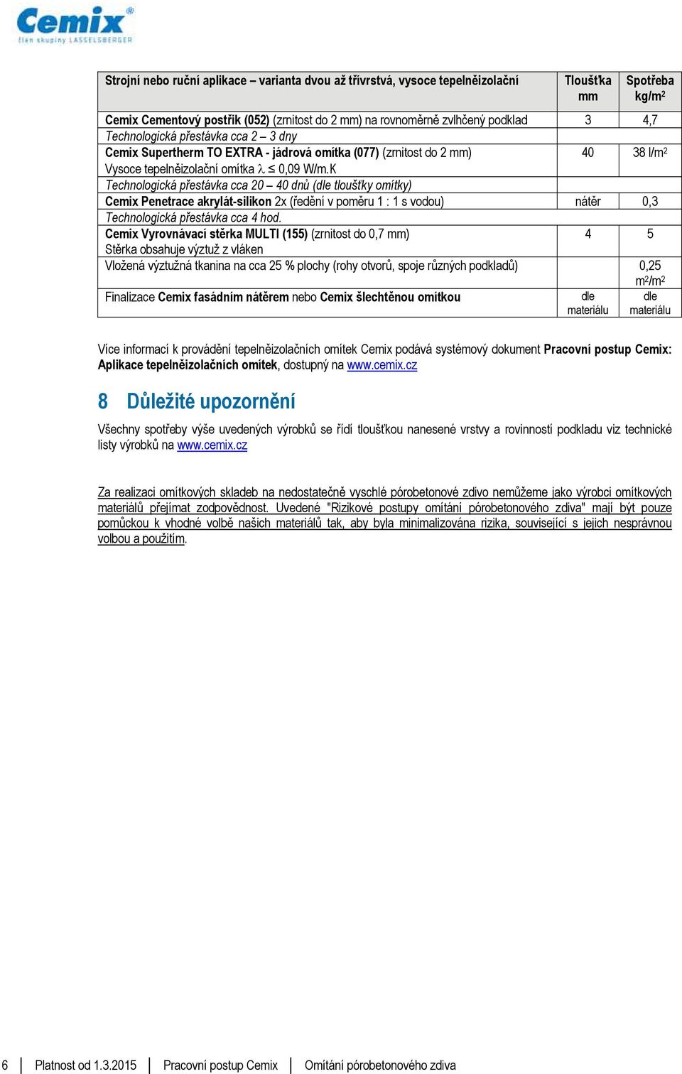 K Technologická přestávka cca 0 0 dnů ( tloušťky omítky) Cemix Penetrace akrylát-silikon x (ředění v poměru 1 : 1 s vodou) nátěr 0, Technologická přestávka cca hod.