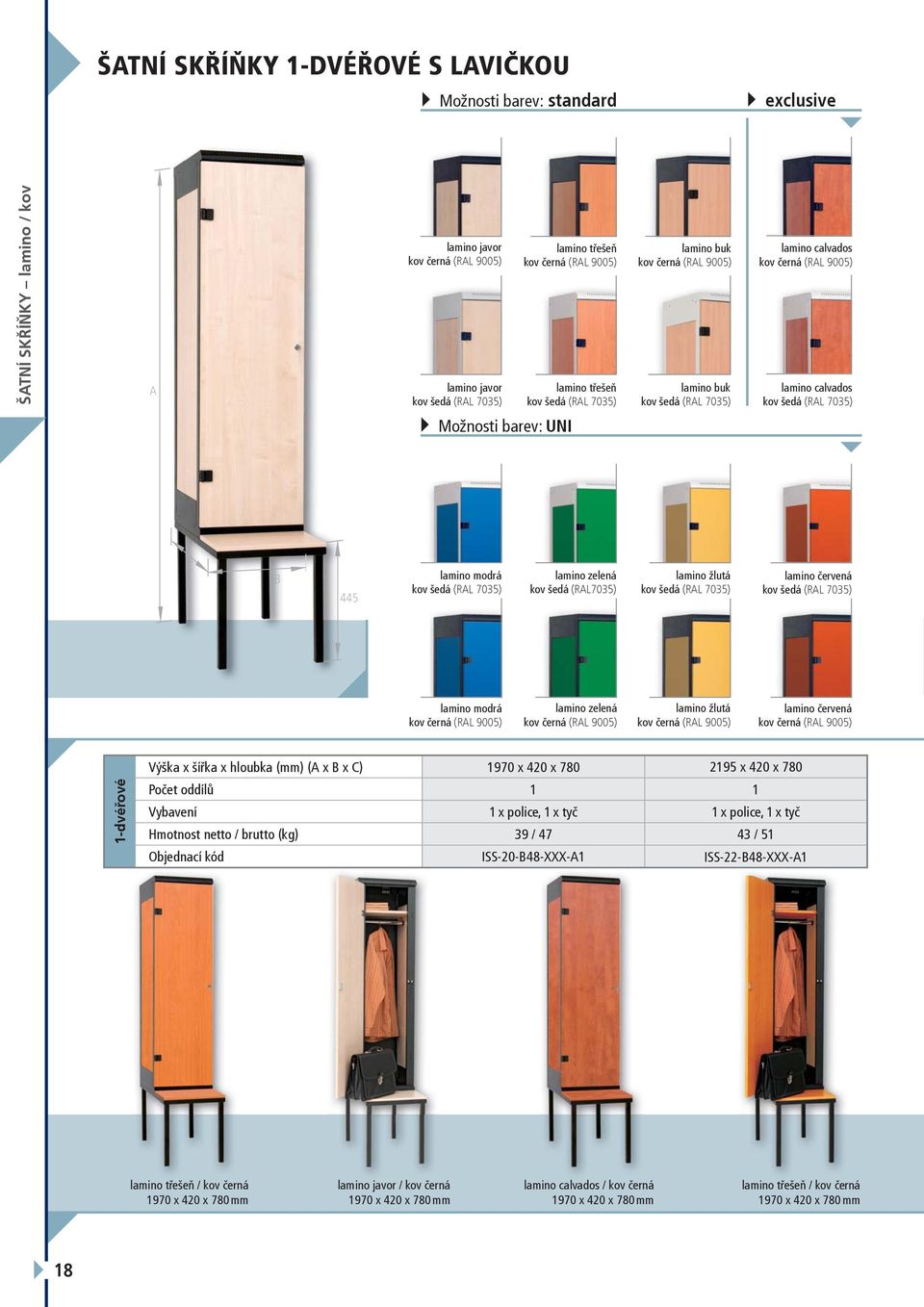 (mm) (A x B x C) 1970 x 420 x 780 2195 x 420 x 780 Počet oddílů 1 1 Vybavení 1 x police, 1 x tyč 1 x police, 1 x tyč Hmotnost netto / brutto (kg) 39 / 47 43 / 51 Objednací kód ISS-20-B48-XXX-A1