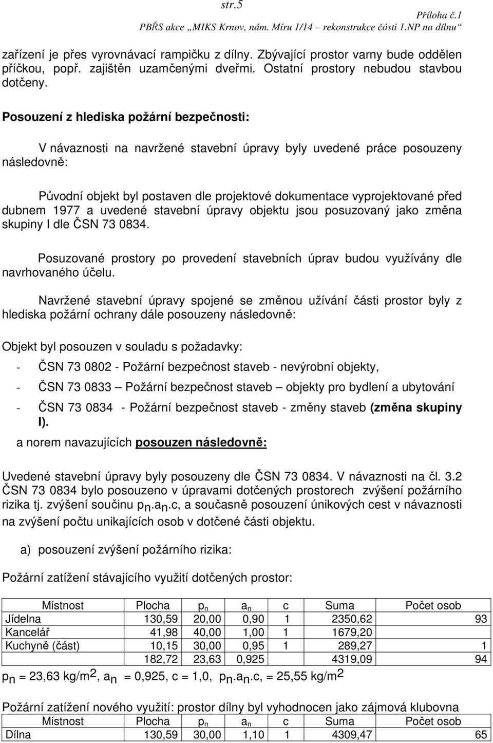 dubnem 1977 a uvedené stavební úpravy objektu jsou posuzovaný jako změna skupiny I dle ČSN 73 0834. Posuzované prostory po provedení stavebních úprav budou využívány dle navrhovaného účelu.