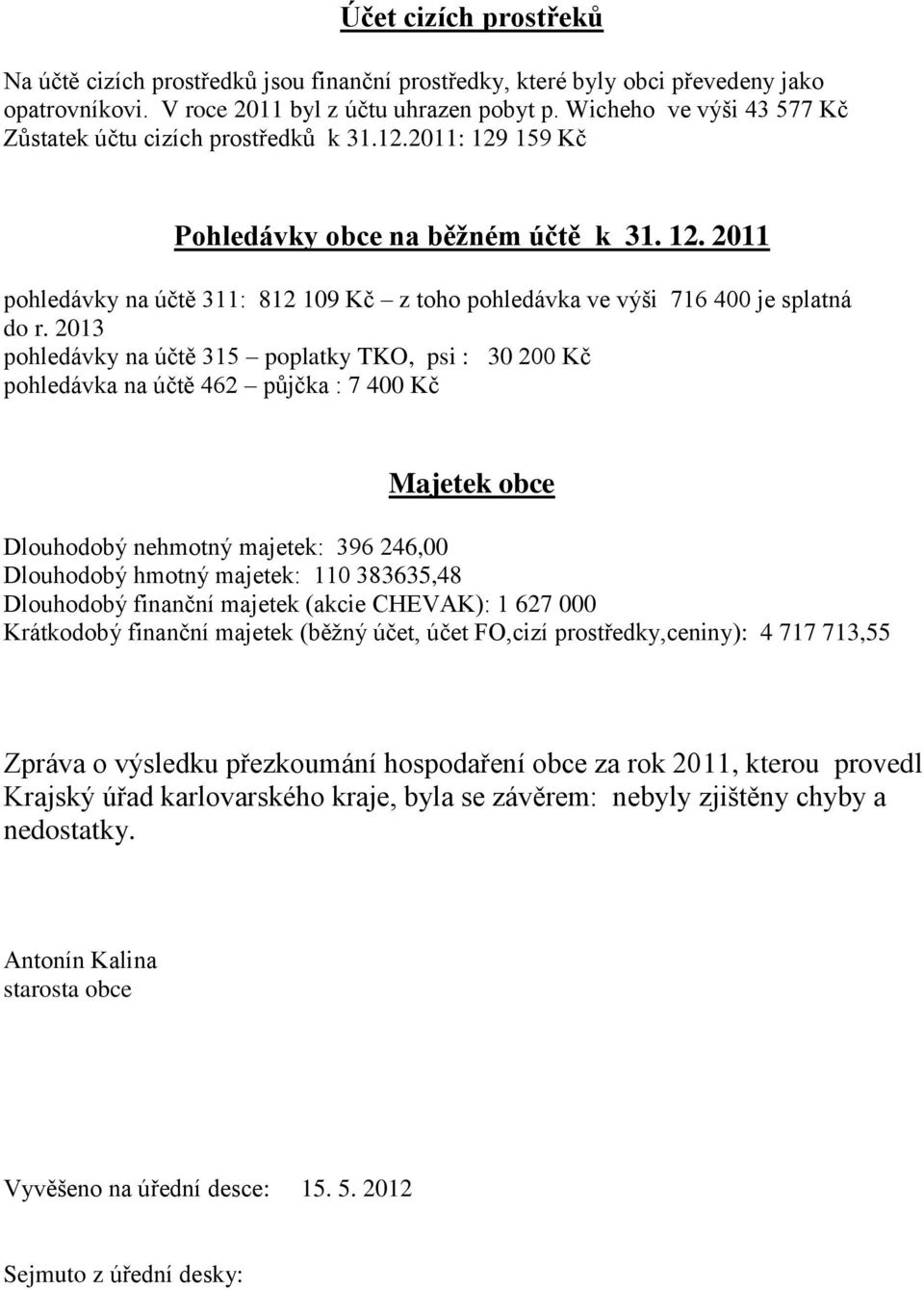 2013 pohledávky na účtě 315 poplatky TKO, psi : 30 200 Kč pohledávka na účtě 462 půjčka : 7 400 Kč Majetek obce Dlouhodobý nehmotný majetek: 396 246,00 Dlouhodobý hmotný majetek: 110 383635,48