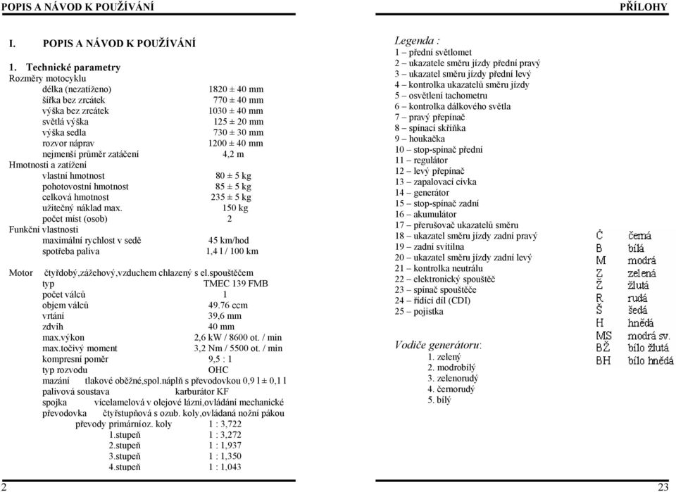 ± 40 mm nejmenší průměr zatáčení 4,2 m Hmotnosti a zatížení vlastní hmotnost 80 ± 5 kg pohotovostní hmotnost 85 ± 5 kg celková hmotnost 235 ± 5 kg užitečný náklad max.