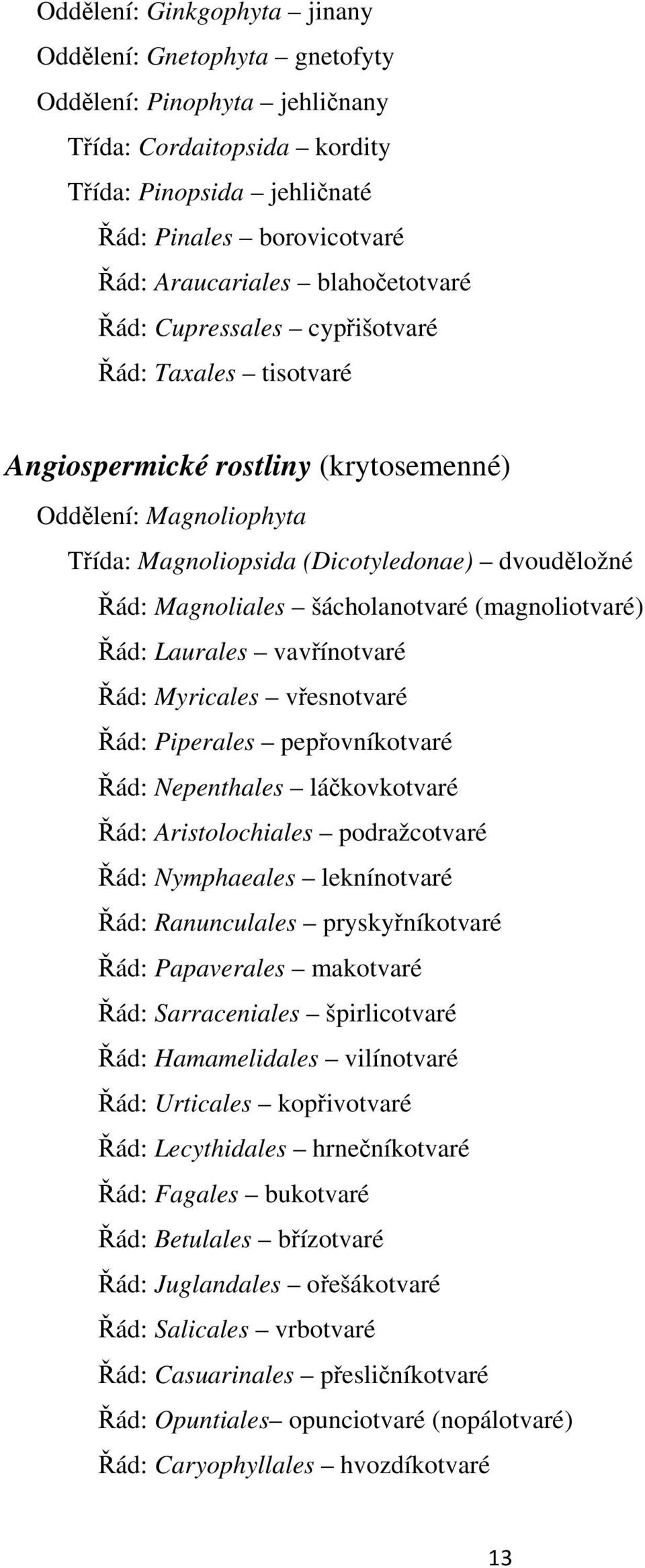 šácholanotvaré (magnoliotvaré) Řád: Laurales vavřínotvaré Řád: Myricales vřesnotvaré Řád: Piperales pepřovníkotvaré Řád: Nepenthales láčkovkotvaré Řád: Aristolochiales podražcotvaré Řád: Nymphaeales