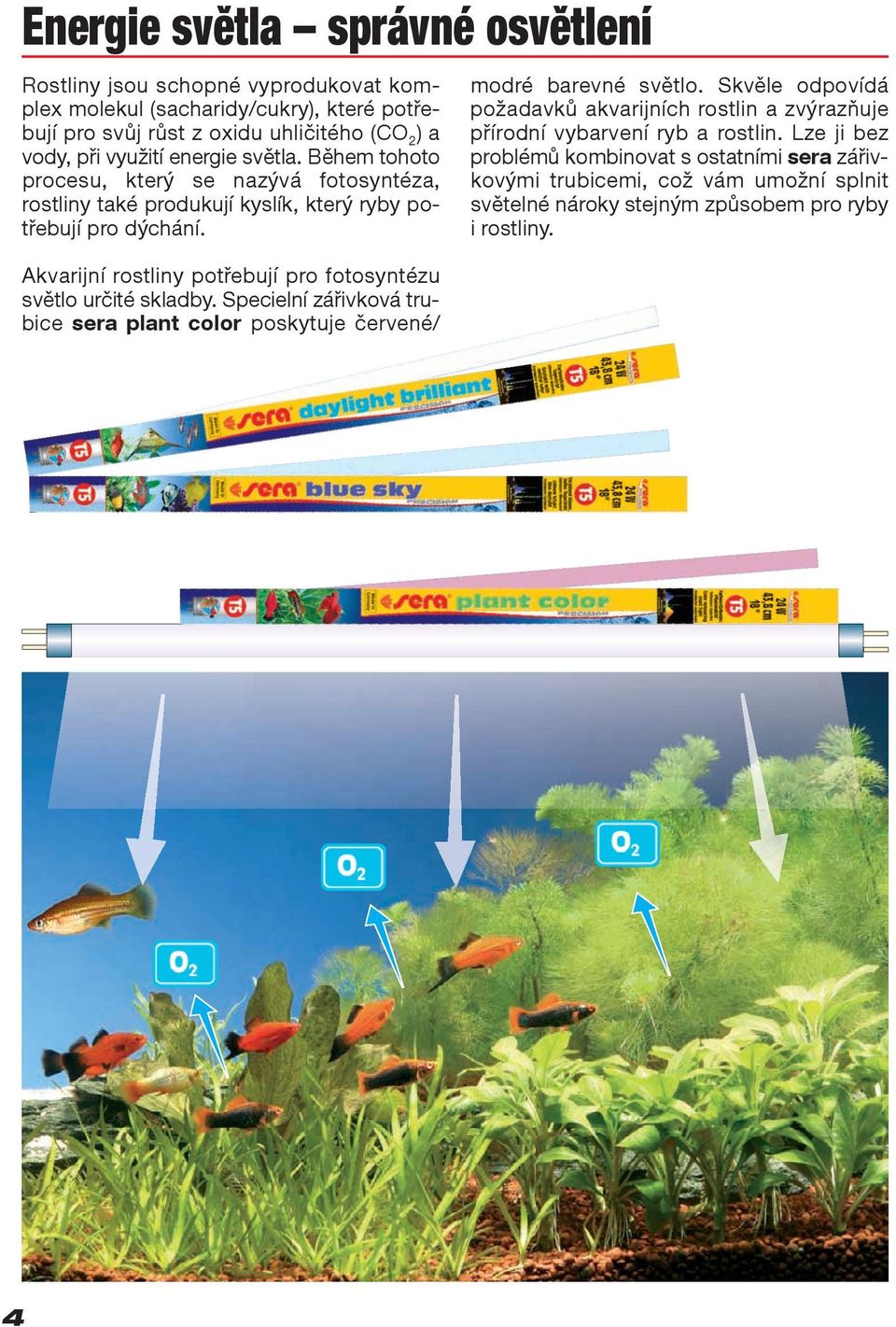Akvarijní rostliny potřebují pro fotosyntézu světlo určité skladby. Specielní zářivková trubice sera plant color poskytuje červené/ modré barevné světlo.