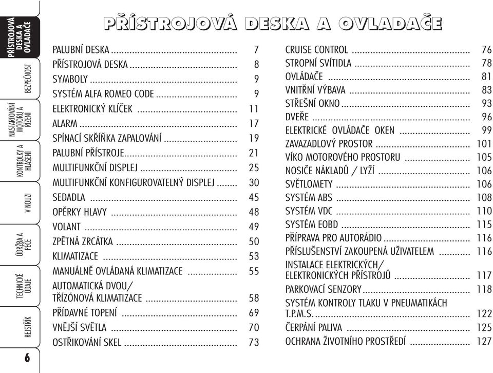 .. 50 KLIMATIZACE... 53 MANUÁLNĚ OVLÁDANÁ KLIMATIZACE... 55 AUTOMATICKÁ DVOU/ TŘÍZÓNOVÁ KLIMATIZACE... 58 PŘÍDAVNÉ TOPENÍ... 69 VNĚJŠÍ SVĚTLA... 70 OSTŘIKOVÁNÍ SKEL... 73 CRUISE CONTROL.