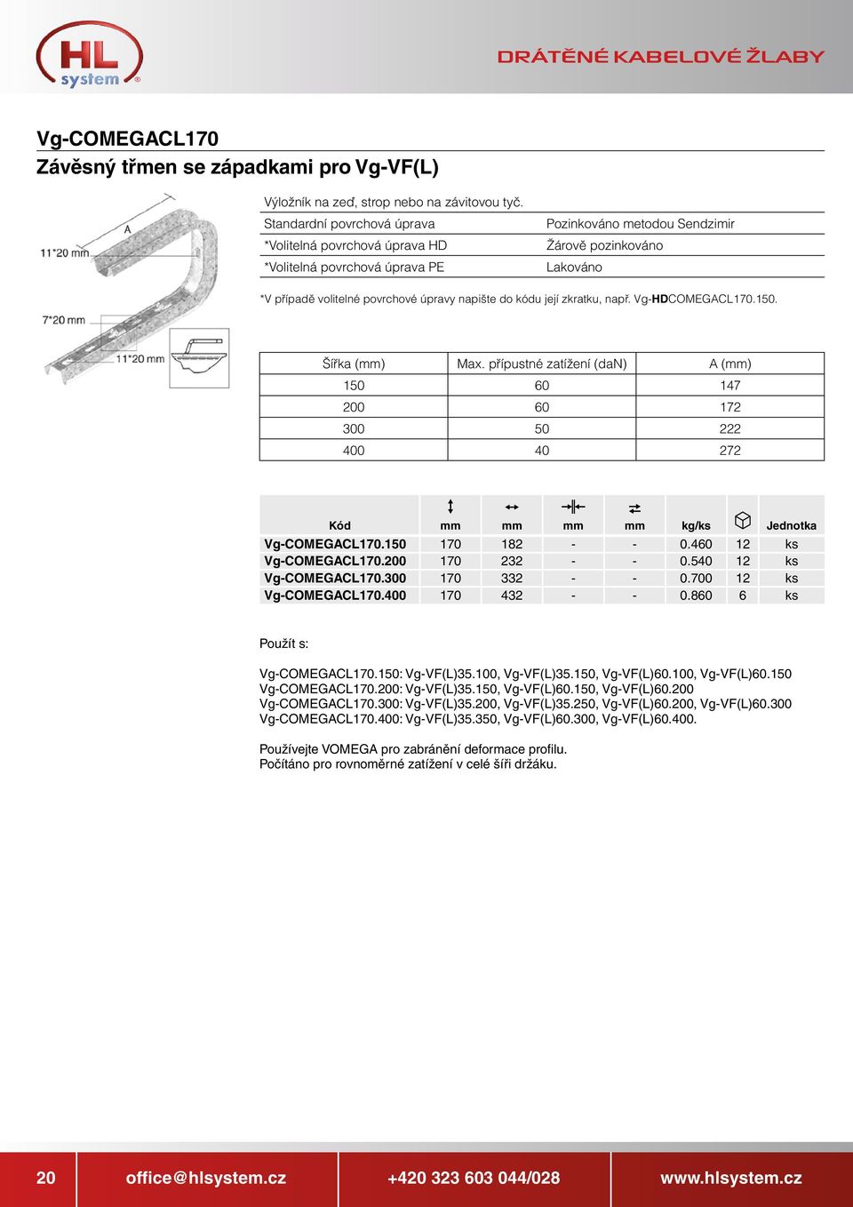 přípustné zatížení (dan) A (mm) 150 60 147 200 60 172 300 50 222 400 40 272 Vg-COMEGACL170.150 170 182 - - 0.460 12 ks Vg-COMEGACL170.200 170 232 - - 0.540 12 ks Vg-COMEGACL170.300 170 332 - - 0.