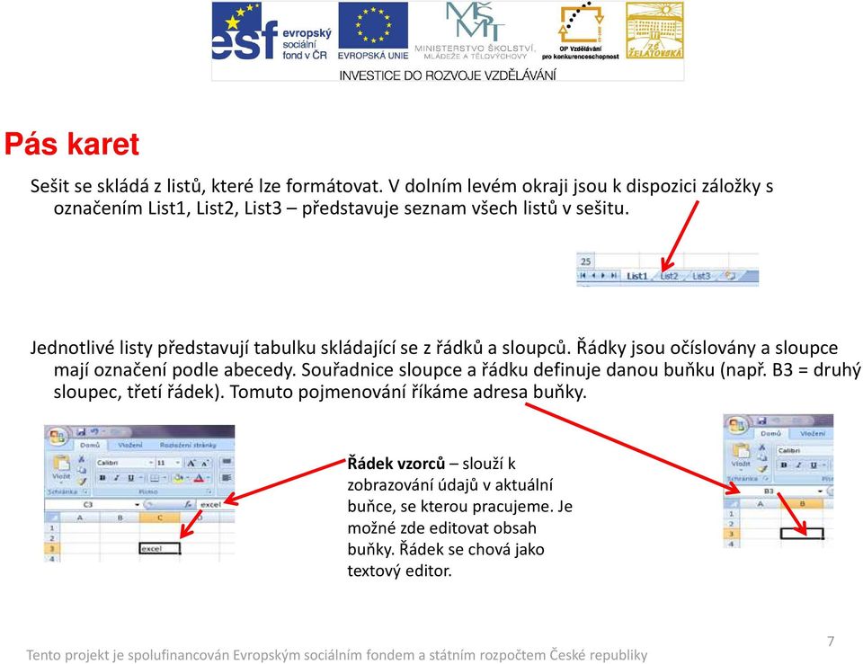 Jednotlivé listy představují tabulku skládající se z řádků a sloupců. Řádky jsou očíslovány a sloupce mají označení podle abecedy.