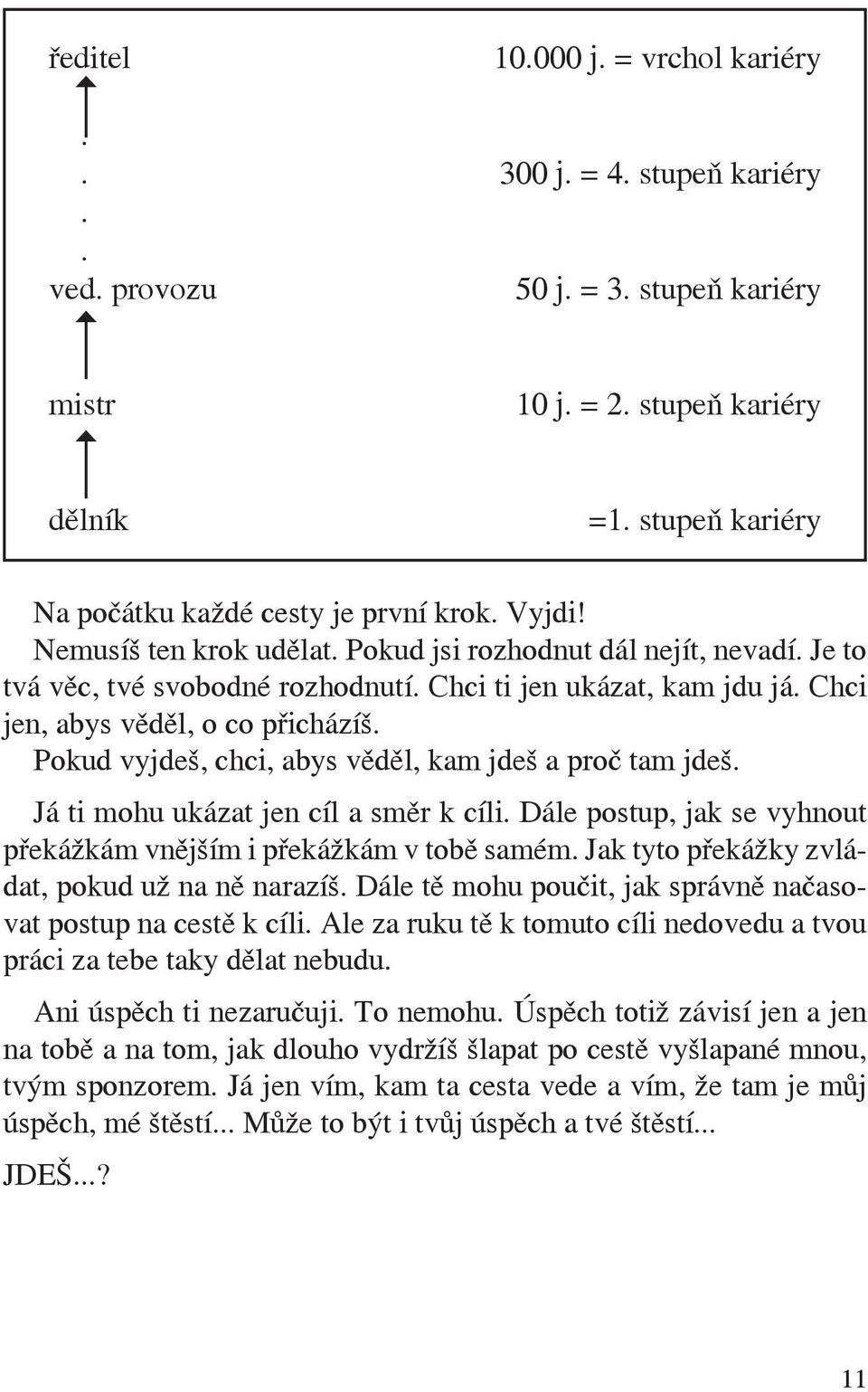 Pokud vyjdeš, chci, abys věděl, kam jdeš a proč tam jdeš. Já ti mohu ukázat jen cíl a směr k cíli. Dále postup, jak se vyhnout překážkám vnějším i překážkám v tobě samém.