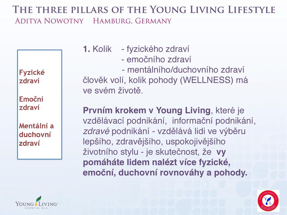 Prvním krokem v Young Living, které je vzdělávací podnikání, informační podnikání, zdravé podnikání - vzdělává lidi