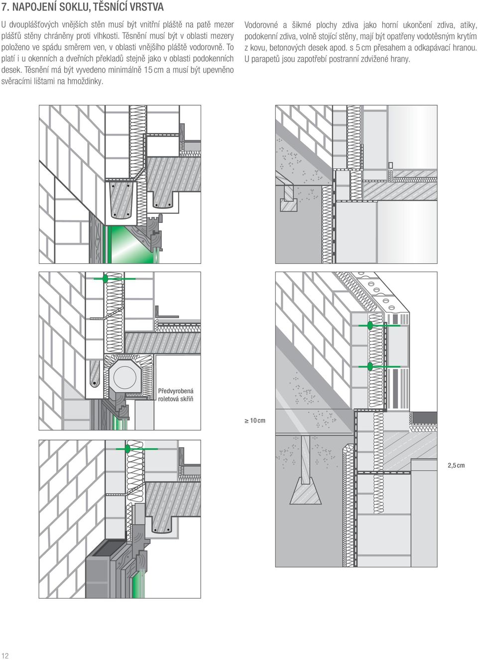 To platí i u okenních a dveřních překladů stejně jako v oblasti podokenních desek. Těsnění má být vyvedeno minimálně 15 cm a musí být upevněno svěracími lištami na hmoždinky.