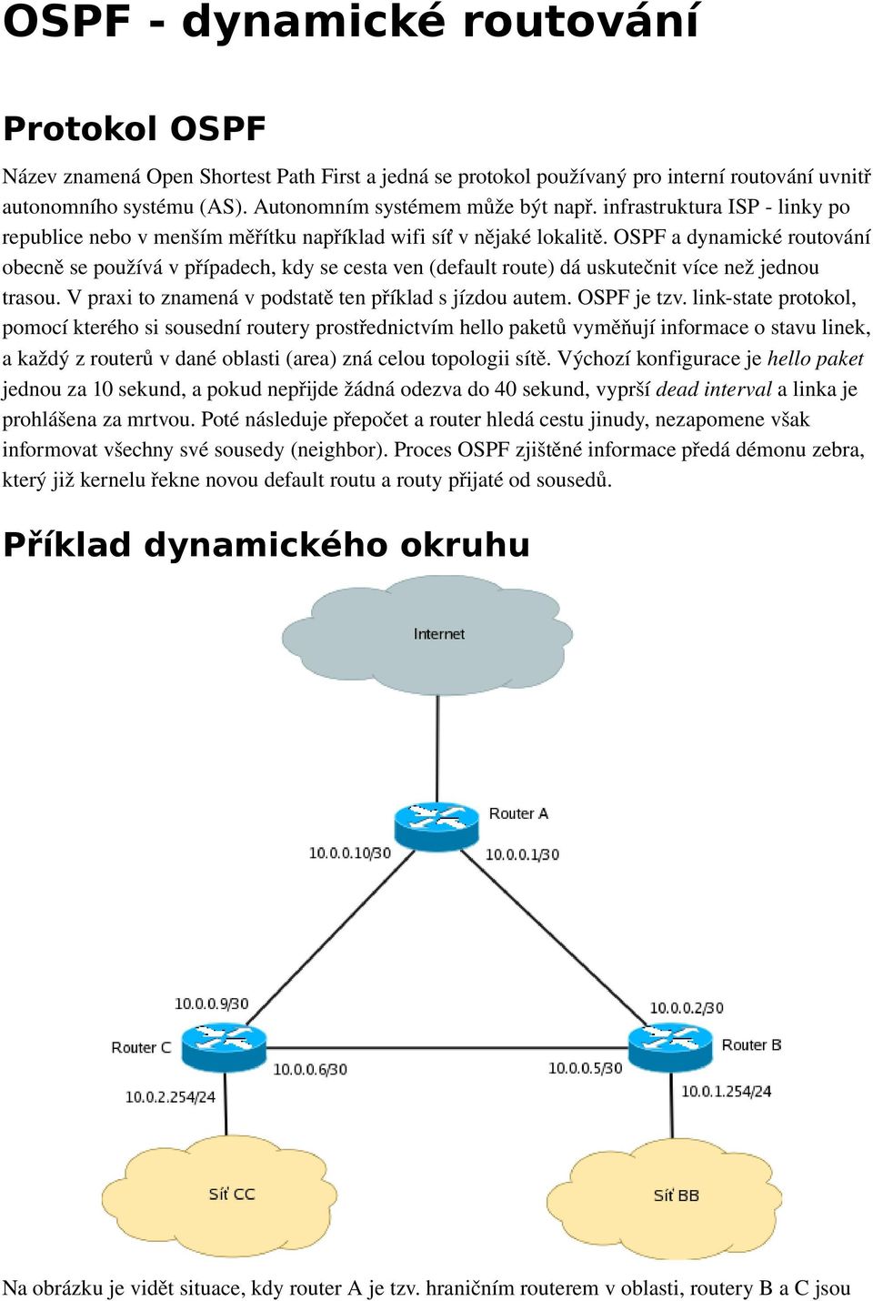 OSPF a dynamické routování obecně se používá v případech, kdy se cesta ven (default route) dá uskutečnit více než jednou trasou. V praxi to znamená v podstatě ten příklad s jízdou autem. OSPF je tzv.