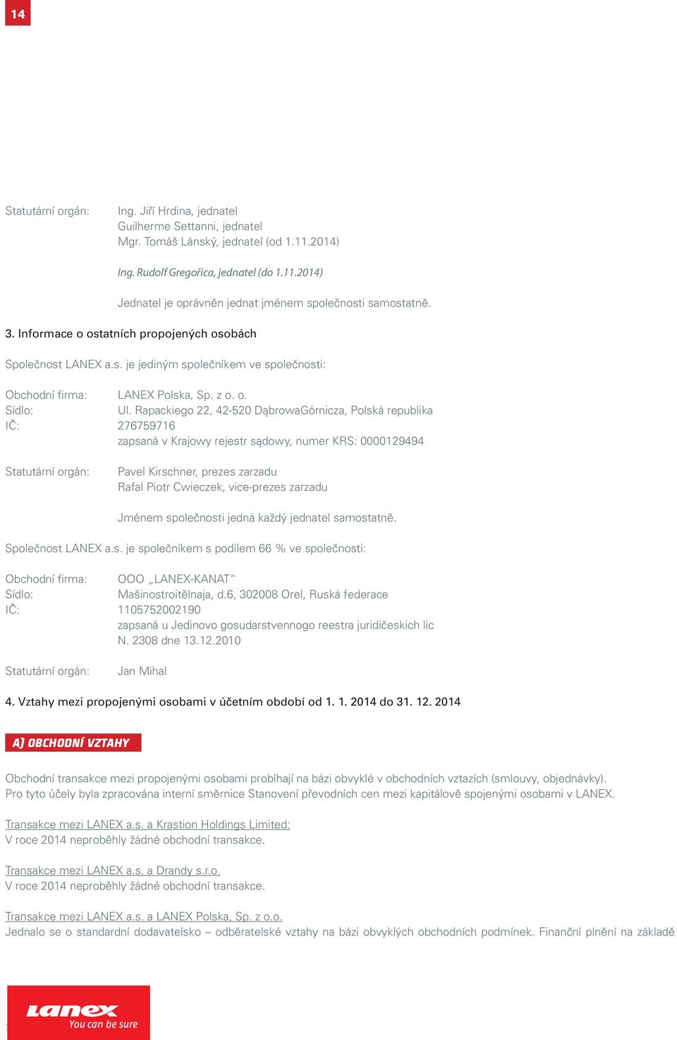 Rapackiego 22, 42-520 DąbrowaGórnicza, Polská republika IČ: 276759716 zapsaná v Krajowy rejestr sądowy, numer KRS: 0000129494 Statutární orgán: Pavel Kirschner, prezes zarzadu Rafal Piotr Cwieczek,