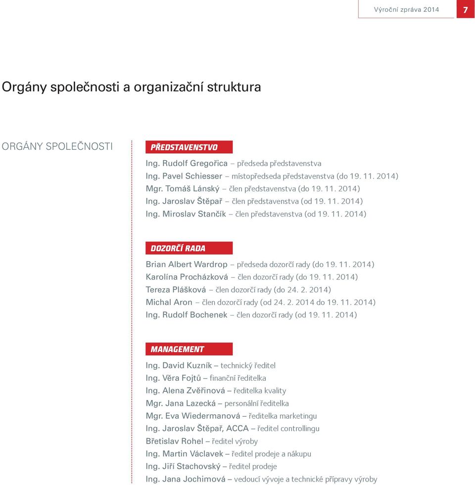11. 2014) DOZORČÍ RADA Brian Albert Wardrop předseda dozorčí rady (do 19. 11. 2014) Karolína Procházková člen dozorčí rady (do 19. 11. 2014) Tereza Plášková člen dozorčí rady (do 24. 2. 2014) Michal Aron člen dozorčí rady (od 24.