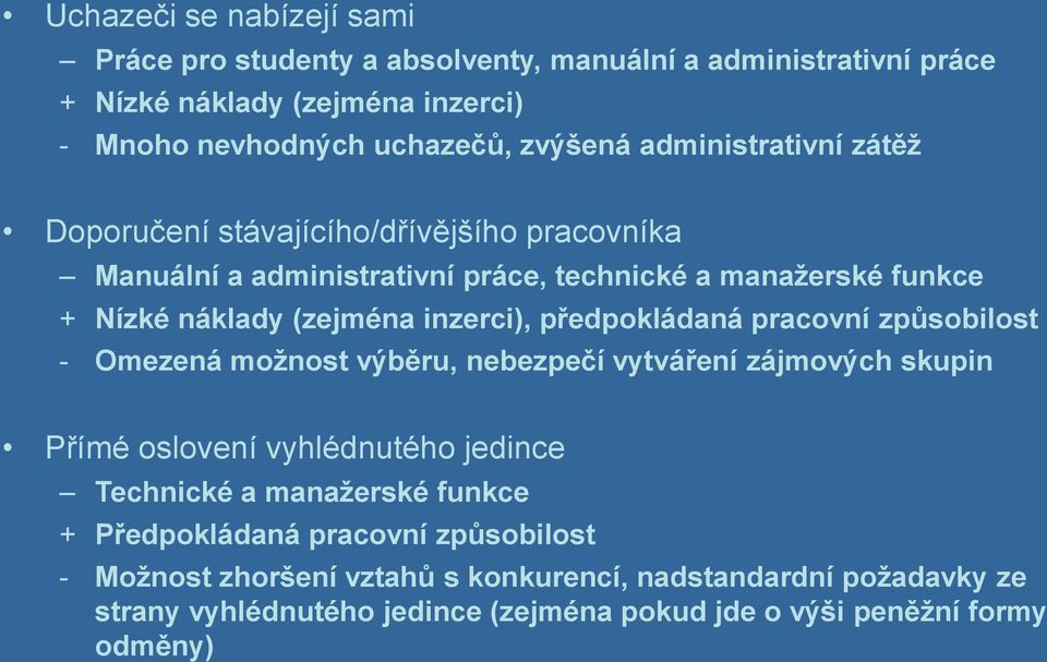 předpokládaná pracovní způsobilost - Omezená možnost výběru, nebezpečí vytváření zájmových skupin Přímé oslovení vyhlédnutého jedince Technické a manažerské funkce +