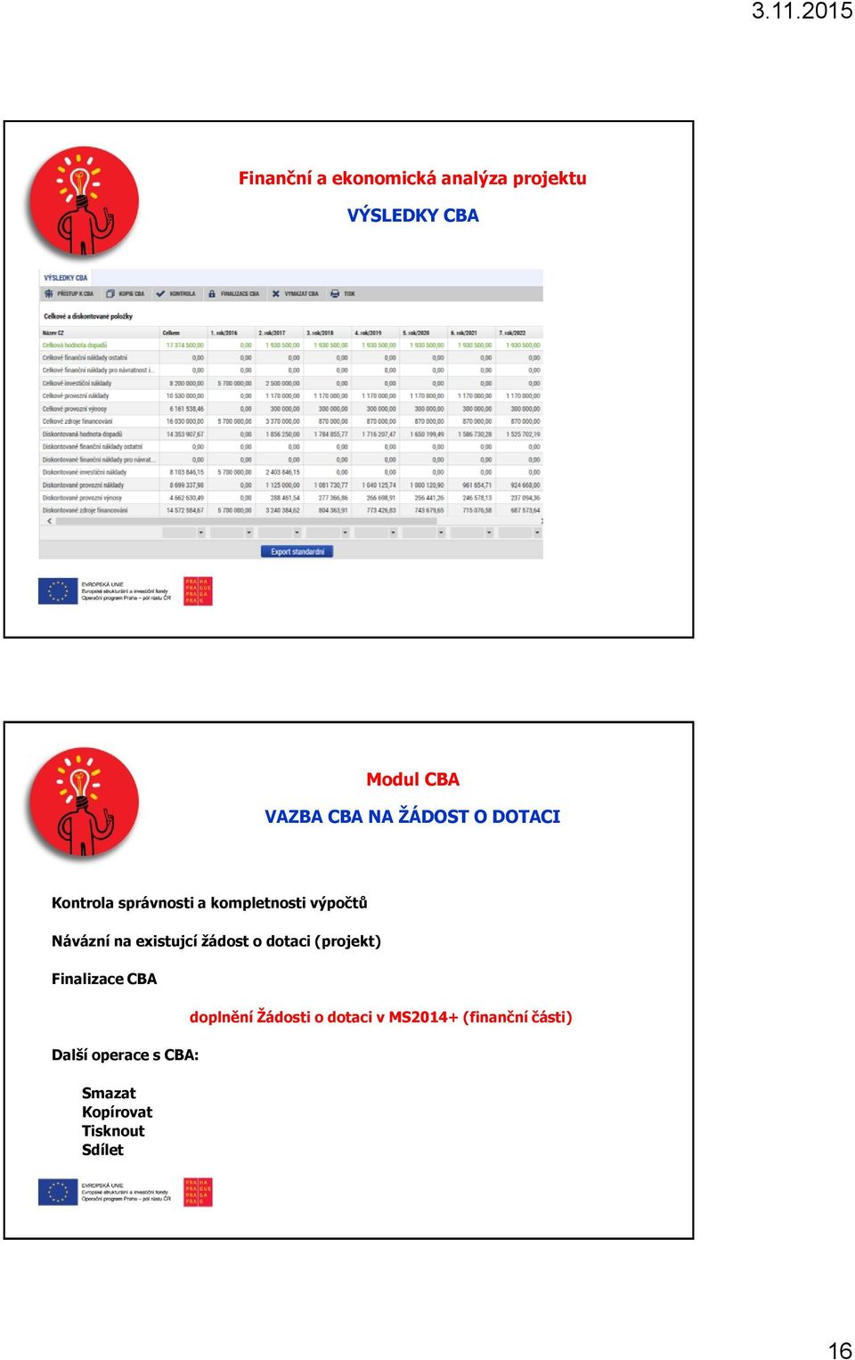 existujcí žádost o dotaci (projekt) Finalizace CBA Další operace s CBA: