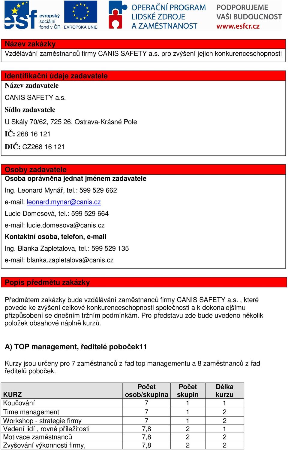 : 599 529 135 e-mail: blanka.zapletalova@canis.cz Popis předmětu zakázky Předmětem zakázky bude vzdělávání zaměstnanců firmy CANIS SAFETY a.s., které povede ke zvýšení celkové konkurenceschopnosti společnosti a k dokonalejšímu přizpůsobení se dnešním tržním podmínkám.