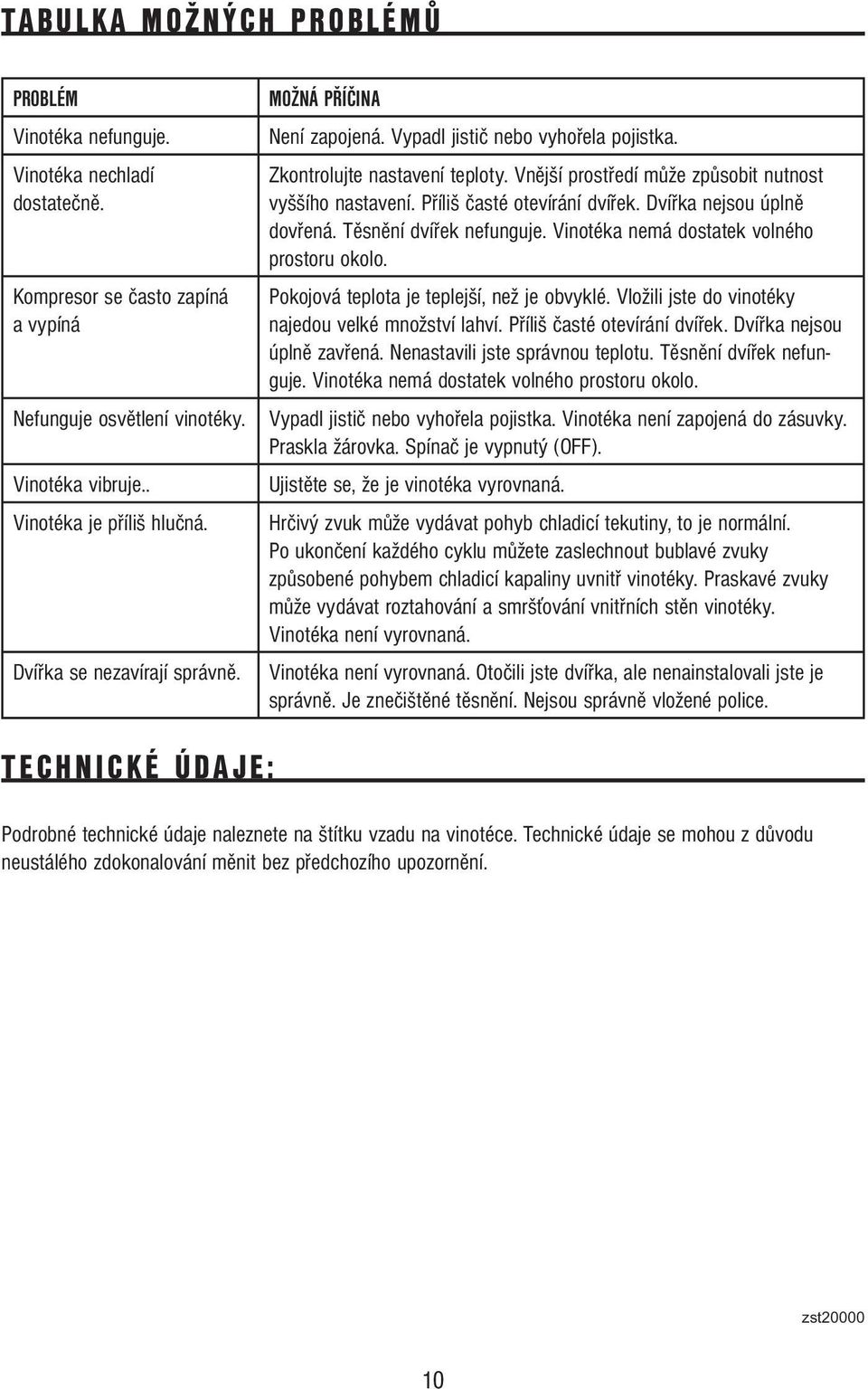 Příliš časté otevírání dvířek. Dvířka nejsou úplně dovřená. Těsnění dvířek nefunguje. Vinotéka nemá dostatek volného prostoru okolo. Pokojová teplota je teplejší, než je obvyklé.