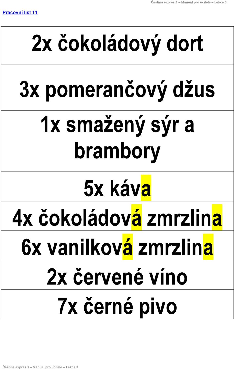 brambory 5x káva 4x čokoládová zmrzlina