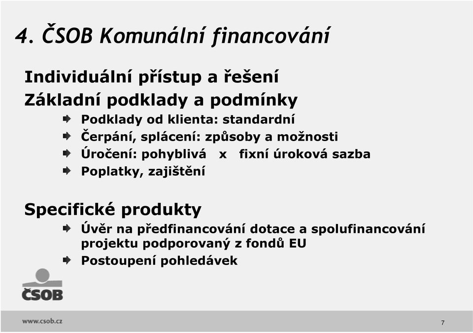 Úročení: pohyblivá x fixní úroková sazba Poplatky, zajištění Specifické produkty Úvěr