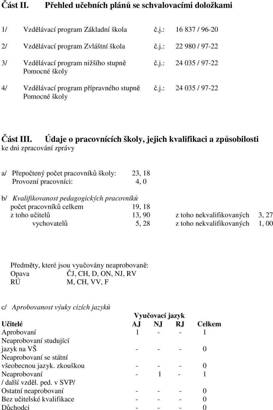 ke dni zpracování zprávy Údaje o pracovnících školy, jejich kvalifikaci a způsobilosti a/ Přepočtený počet pracovníků školy: 23, 18 Provozní pracovníci: 4, 0 b/ Kvalifikovanost pedagogických