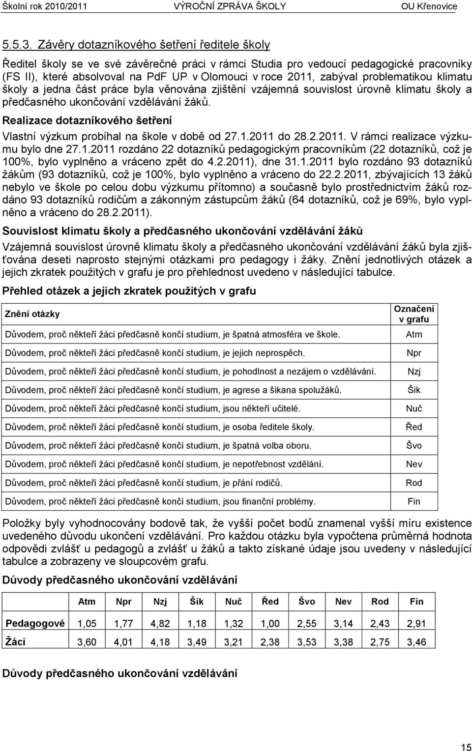 zabýval problematikou klimatu školy a jedna část práce byla věnována zjištění vzájemná souvislost úrovně klimatu školy a předčasného ukončování vzdělávání žáků.