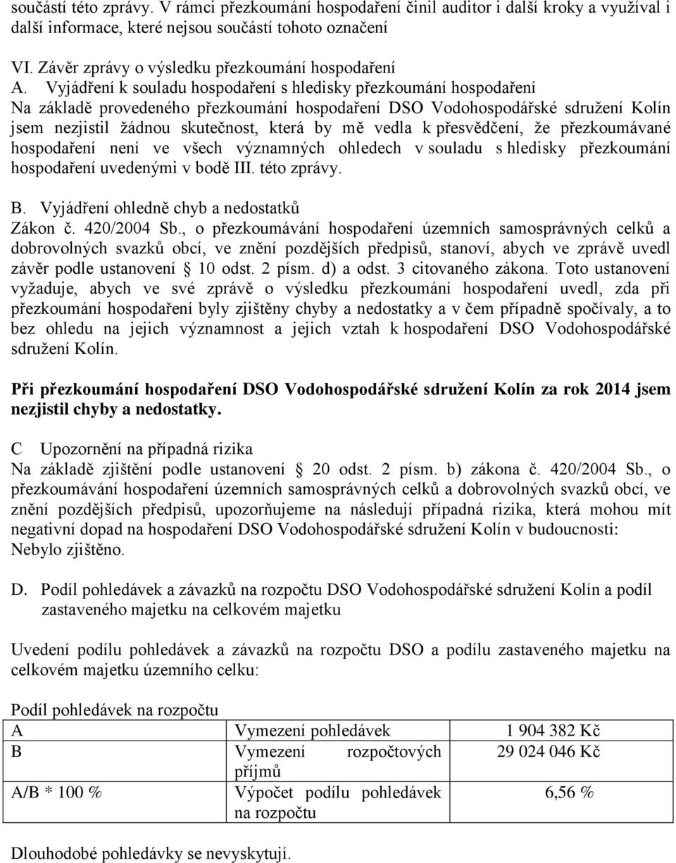 Vyjádření k souladu hospodaření s hledisky přezkoumání hospodaření Na základě provedeného přezkoumání hospodaření DSO Vodohospodářské sdružení Kolín jsem nezjistil žádnou skutečnost, která by mě