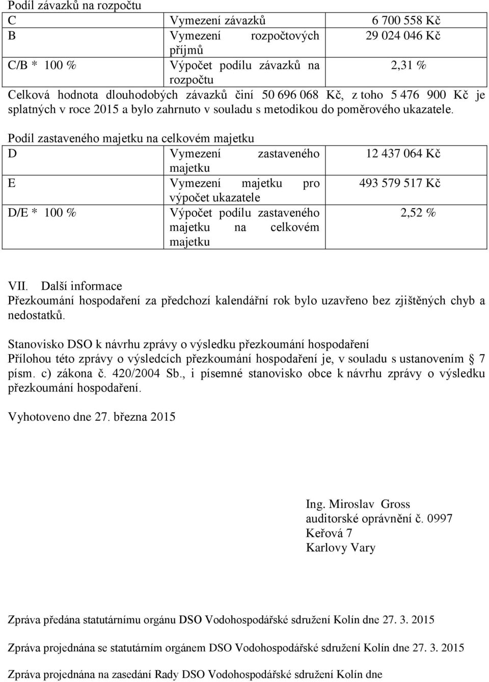 Podíl zastaveného majetku na celkovém majetku D Vymezení zastaveného majetku E Vymezení majetku pro výpočet ukazatele D/E * 100 % Výpočet podílu zastaveného majetku na celkovém majetku 12 437 064 Kč