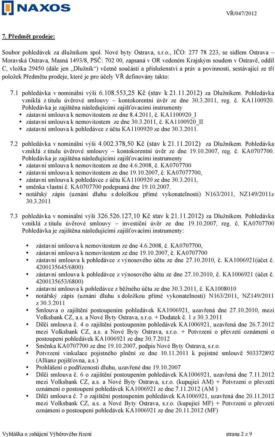 bor pohledávek za dlužníkem spol. Nové byty Ostrava, s.r.o., IČO: 277 78 223, se sídlem Ostrava Moravská Ostrava, Masná 1493/8, PSČ: 702 00, zapsaná v OR vedeném Krajským soudem v Ostravě, oddíl C,