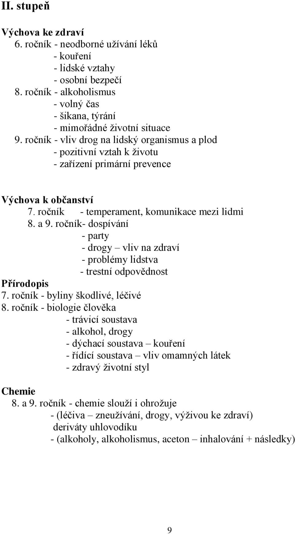 ročník- dospívání - party - drogy vliv na zdraví - problémy lidstva - trestní odpovědnost Přírodopis 7. ročník - byliny škodlivé, léčivé 8.