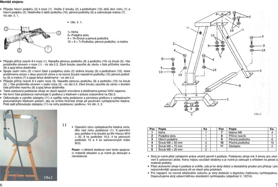 1. Obr. č. 1: 1= Noha 2= Podpěra stolu 4 + 10=Šroub a pérová podložka 10 + 9 + 7=Podložka, pérová podložka a matice Připojte příčný nosník 8 k noze (1).