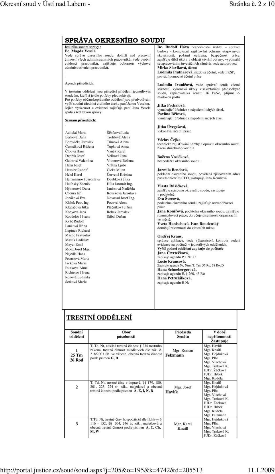 Agenda přísedících: V trestním oddělení jsou přísedící přiděleni jednotlivým soudcům, kteří si je dle potřeby předvolávají.