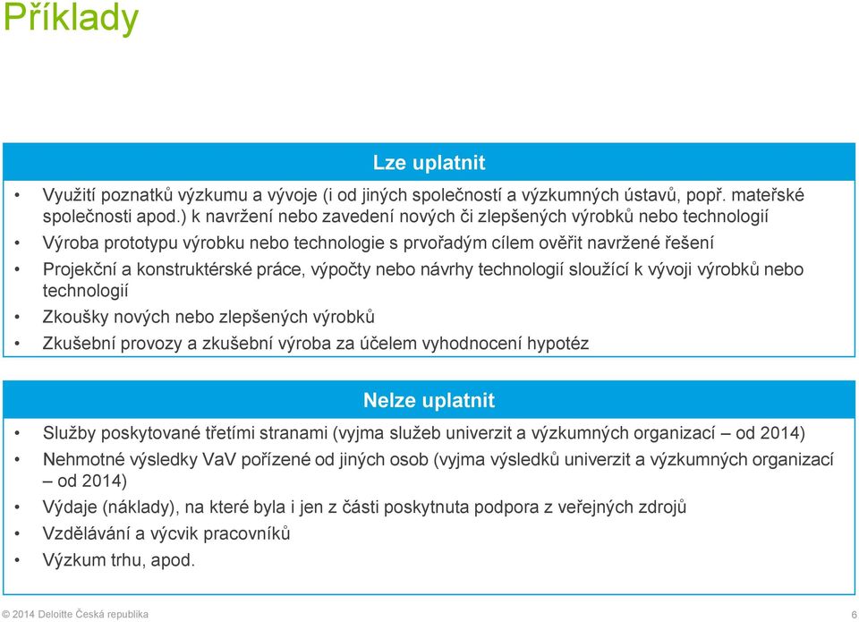 nebo návrhy technologií sloužící k vývoji výrobků nebo technologií Zkoušky nových nebo zlepšených výrobků Zkušební provozy a zkušební výroba za účelem vyhodnocení hypotéz Nelze uplatnit Služby