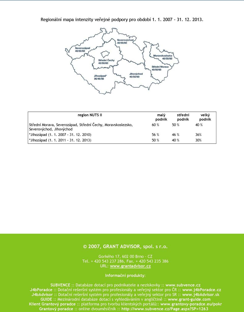 2010) 56 % 46 % 36% *Jihozápad (1. 1. 2011-31. 12. 2013) 50 % 40 % 30% velký podnik 2007, GRANT ADVISOR, spol. s r.o. Gorkého 17, 602 00 Brno CZ Tel. + 420 543 237 286, Fax.