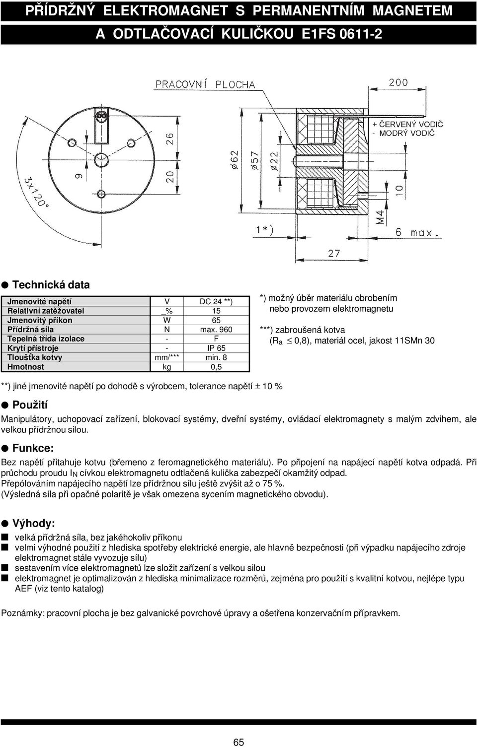 8 Hmotnost kg 0,5 *) mo žný úběr materi álu obroben ím nebo provozem elektromagnetu ***) zabrou šená kotva (R a 0,8), materi ál ocel, jakost 11SMn 30 **) jin é jmenovit é napětí po dohodě s výrobcem,