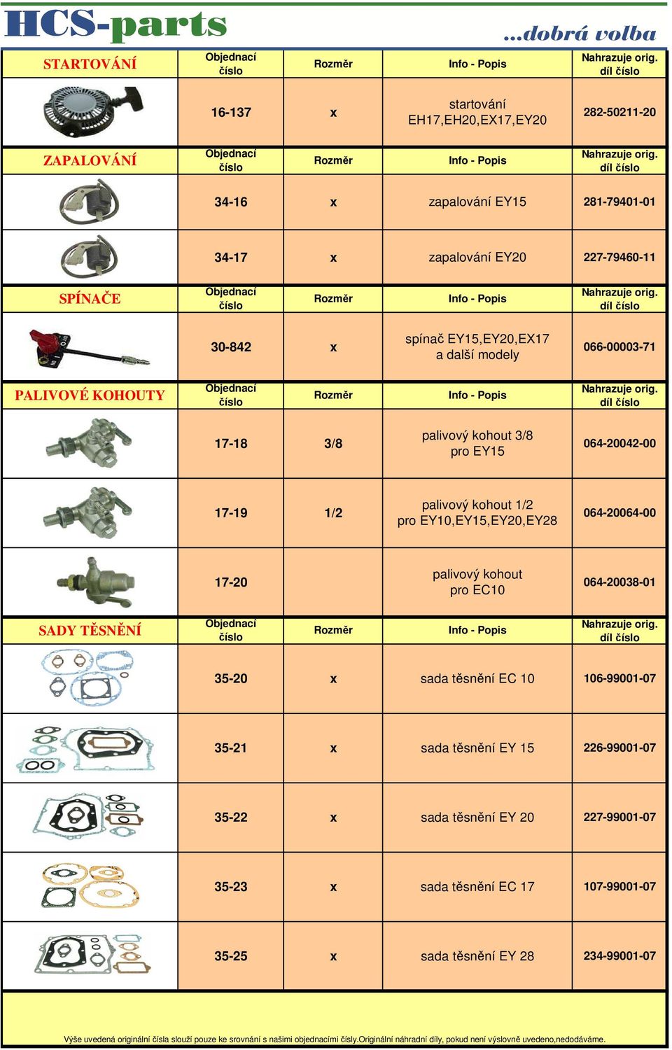 1/2 palivový kohout 1/2 pro EY10,EY15,EY20,EY28 064-20064-00 17-20 palivový kohout pro EC10 064-20038-01 SADY TĚSNĚNÍ Rozměr 35-20 sada těsnění EC 10