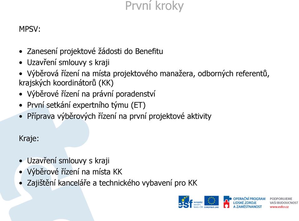 poradenství První setkání expertního týmu (ET) Příprava výběrových řízení na první projektové aktivity