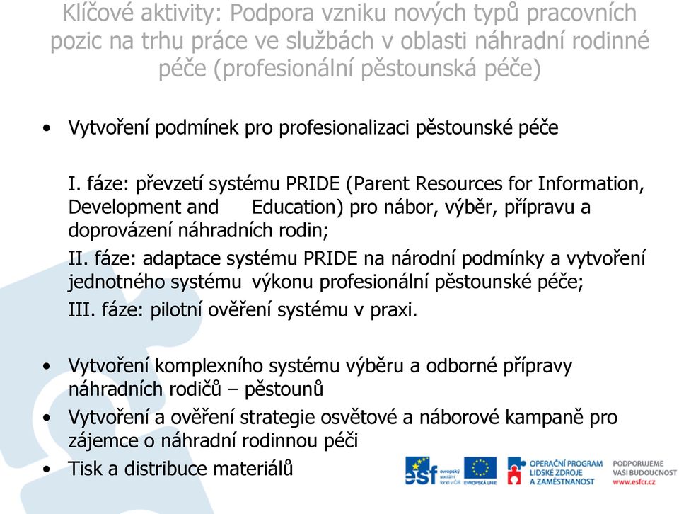 fáze: převzetí systému PRIDE (Parent Resources for Information, Development and Education) pro nábor, výběr, přípravu a doprovázení náhradních rodin; II.