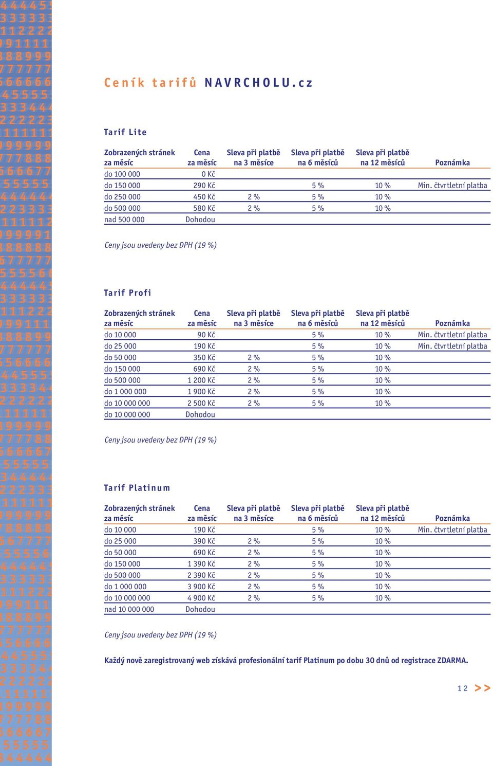 Min. čtvrtletní platba do 250 000 450 Kč 2 % 5 % 10 % do 500 000 580 Kč 2 % 5 % 10 % nad 500 000 Dohodou Ceny jsou uvedeny bez DPH (19 %) Tarif Profi Zobrazených stránek Cena Sleva při platbě Sleva