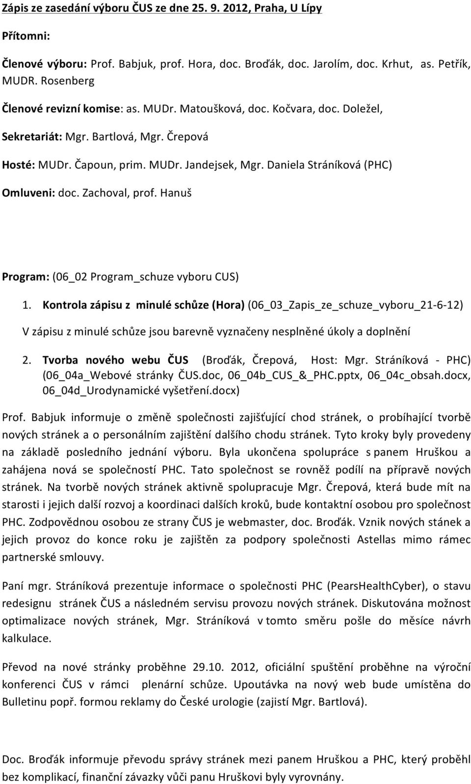 Daniela Stráníková (PHC) Omluveni: doc. Zachoval, prof. Hanuš Program: (06_02 Program_schuze vyboru CUS) 1.