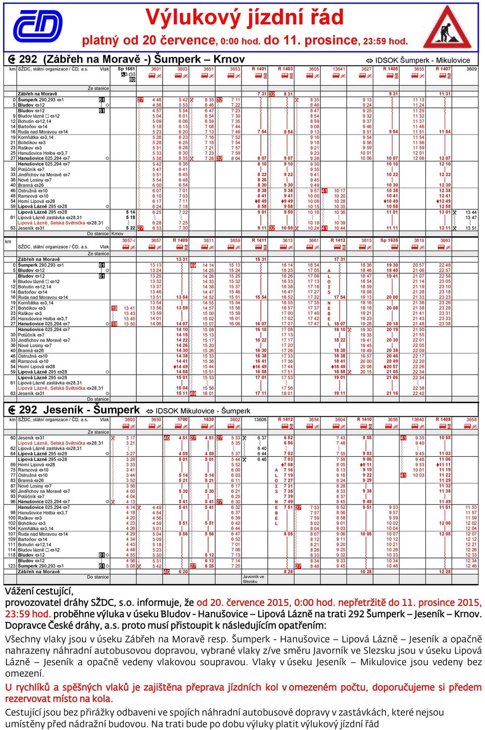 átní organizace / ČD, a.s. Vlak Sp 1661 3 3 3601 3603 3651 IDSOK Šumperk - Mikulovice Cestující jsou bez přirážky odbaveni ve spojích náhradní autobusové dopravy v zastávkách, které nejsou umístěny.