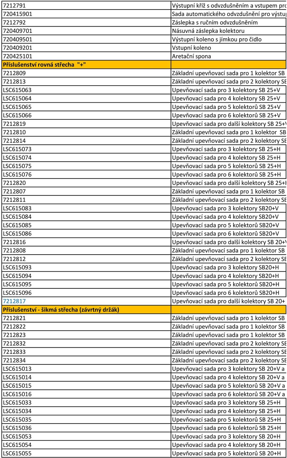 upevňovací sada pro 2 kolektory SB 25+V LSC615063 Upevňovací sada pro 3 kolektory SB 25+V LSC615064 Upevňovací sada pro 4 kolektory SB 25+V LSC615065 Upevňovací sada pro 5 kolektorů SB 25+V LSC615066