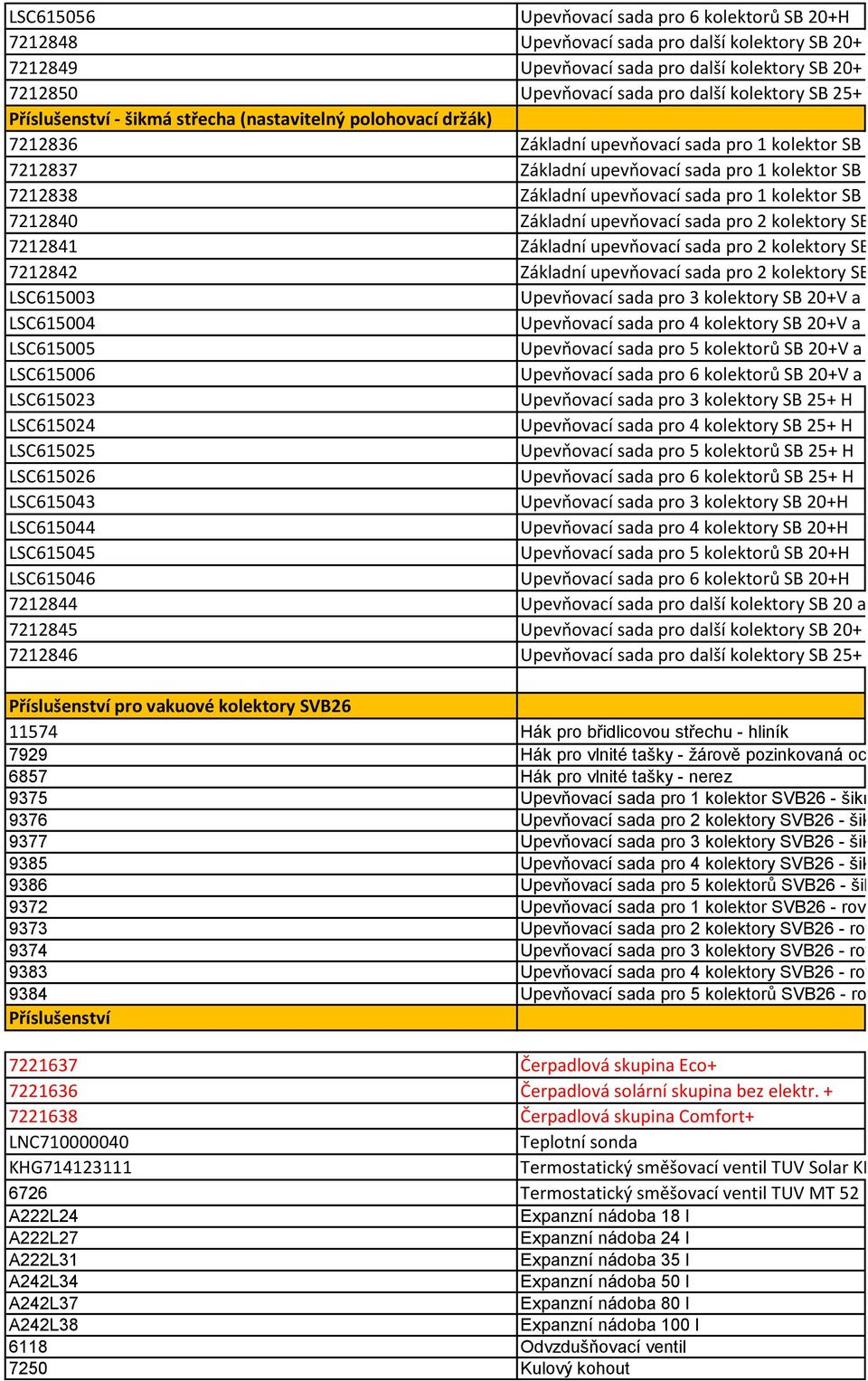 kolektor SB 20+ V a SB 2 7212838 Základní upevňovací sada pro 1 kolektor SB 25+ H 7212840 Základní upevňovací sada pro 2 kolektory SB 20+ H 7212841 Základní upevňovací sada pro 2 kolektory SB 20+ V a